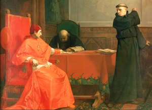 彼の95のテーゼの論争の間のカジェタン枢機卿の前のルター、1870 作： Ferdinand Wilhelm Pauwels